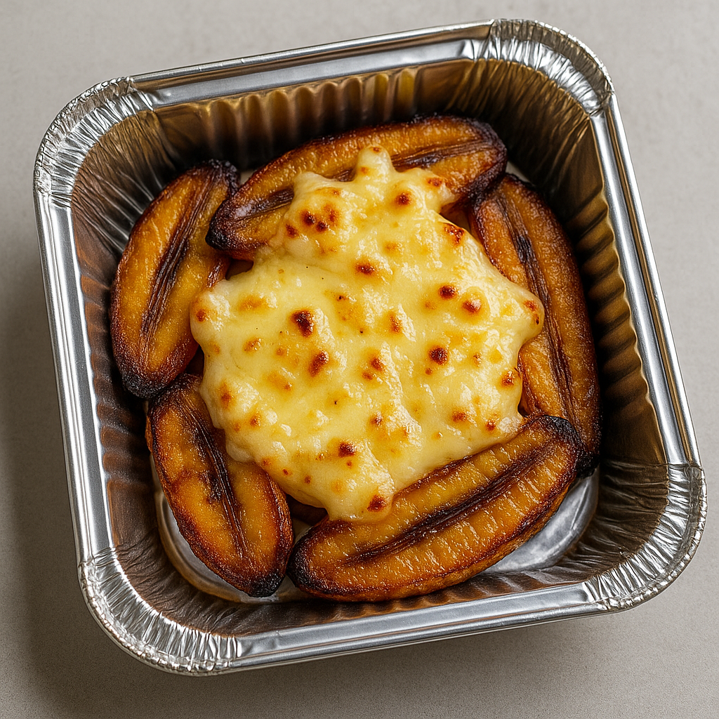 Tray of ripe plantains with melted cheese