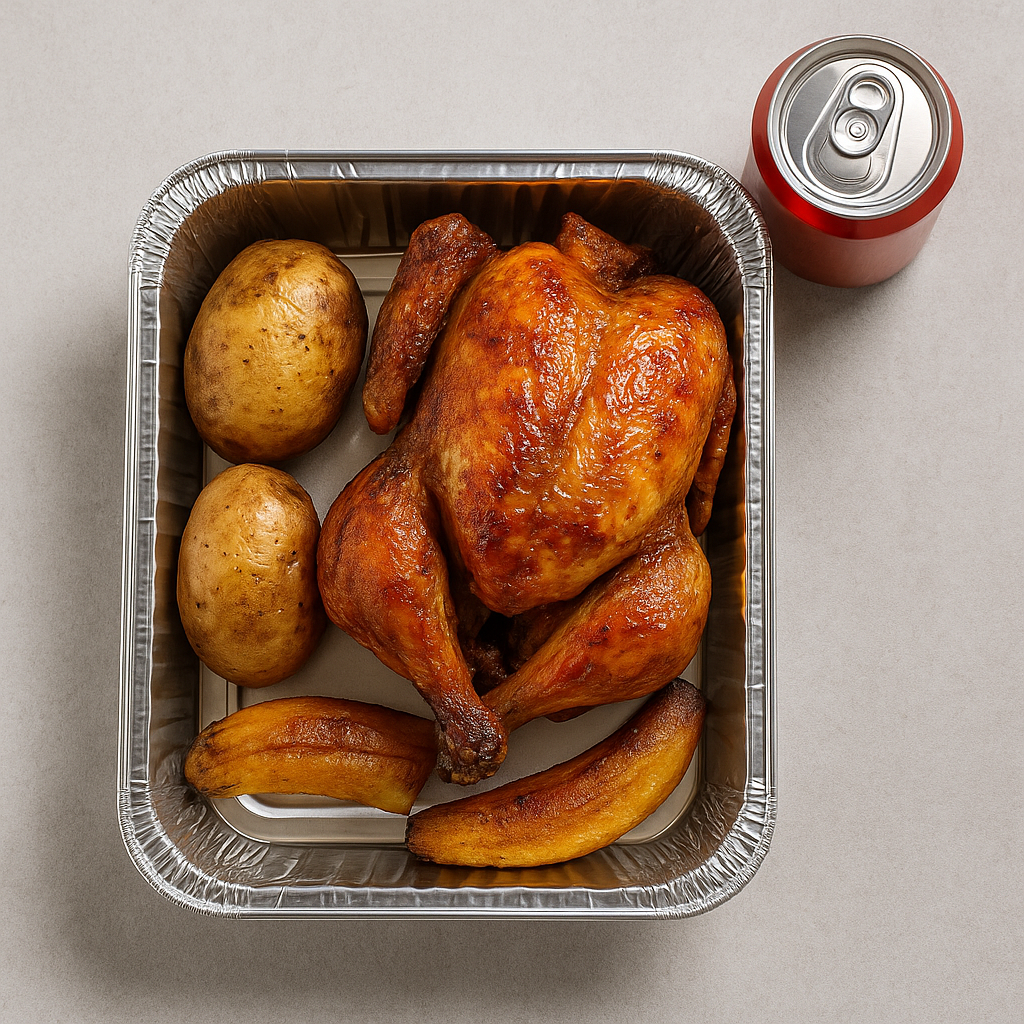 Whole chicken meal in a take-away tray